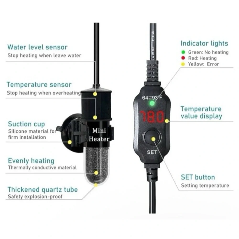 20W Mini Submersible Aquarium Heater Small With Temp Display & Thermometer Fish